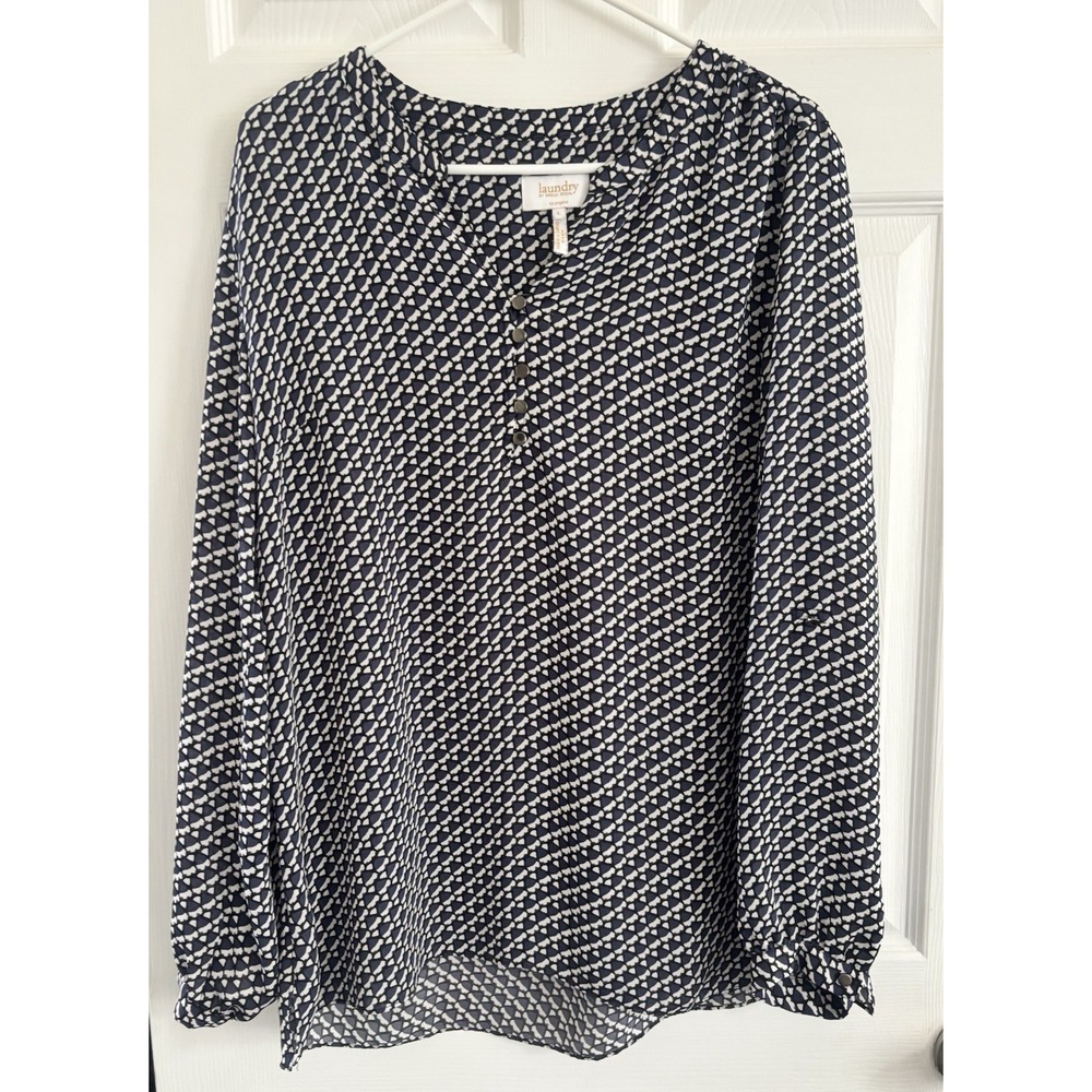 LAUNDRY BY SHELLI SEGAL Women's Blouse Size L Roll Tab Sleeves Geometric
